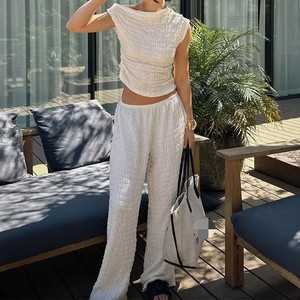 Women's Textured Asymmetrical Top and High-Waisted Pants Solid Color 2-Piece <b>Set</b> Fashion - Product Image 1