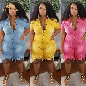 Plus Size Kleding Jeans Jumpsuits Vrouwen S-5XL Korte Mouw Bodysuit Ripped Denim Shorts Een Stuk Jumpsuits 2021