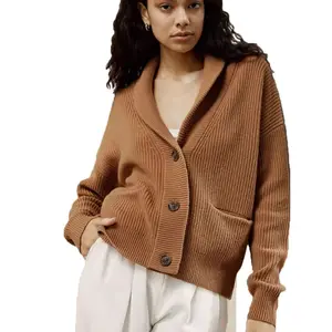 Venta al por mayor personalizado Polo otoño marrón Cachemira lana cárdigan encogimiento de hombros suéter con botones