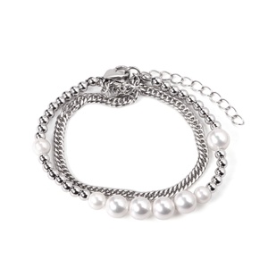 Bracelets en acier inoxydable à double chaîne avec perles naturelles plaquées or pour femme - Product Image 1