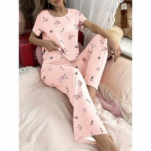Conjunto de Pijama de 2 Piezas para Mujer, Estampado Floral, Manga Corta, Pantalones, Estilo Coreano, Suave, de Seda de Leche, Ropa de Dormir Informal - Product Image 4