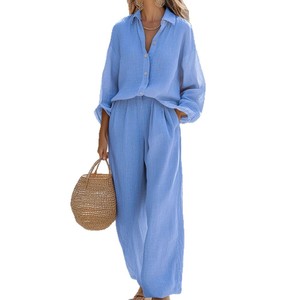 Conjunto de traje informal para mujer, camisa de manga larga con cuello y pantalones de algodón de color liso, tallas S, M, L, XL, XXL, 3XL, estilo europeo y americano - Product Image 5