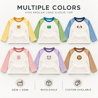 T-shirt à manches longues raglan colorblock avec badge animalier pour enfants, sous-vêtement pour tout-petits garçons et filles, fournisseur de vêtements en gros OEM ODM