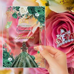 Verde Esmeralda Invitación de quinceañera Diseño floral Estante de exhibición de vidrio acrílico <span class=keywords><strong>Mis</strong></span> Quince Sweet 15 XV anos 15 anos Español - Product Image 3