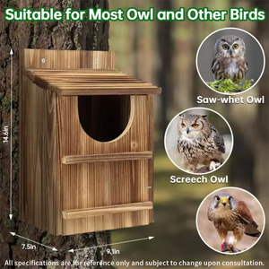 Nichoir en <span class=keywords><strong>bois</strong></span> pour hiboux, à fixation murale, avec fermeture à bouton et motif imprimé, directement de l'usine, fournitures pour oiseaux transfrontalières - Product Image 3