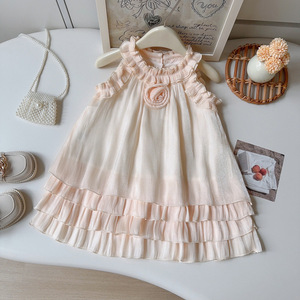 Vestido Versátil Estilo Coreano para Niñas, Nuevo Vestido de Verano a la Moda con Perlas y <span class=keywords><strong>Gasa</strong></span>, Cuello Halter con Rosas, Vestido de Princesa - Product Image 1