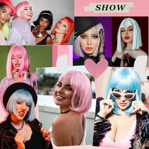 Parrucca Bob Rosa SUKRI Senza Pizzo con Frangia Corta Liscia 12 Pollici Leggera Resistente al Calore in Fibra ad Alta Temperatura dall'Aspetto Naturale per Uso Quotidiano - Product Image 3