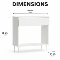 Console d'appoint moderne blanche avec tiroir et rangement ouvert, meuble d'appoint à pieds métalliques pour salon