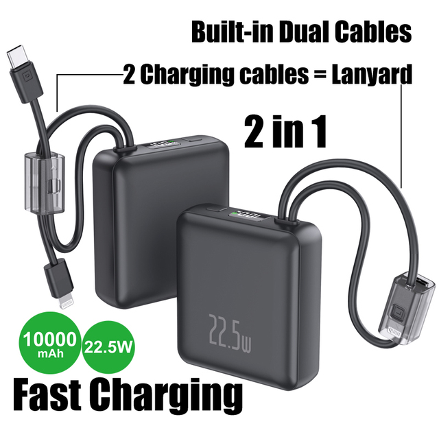 Built in Dual Cables 10000mAh Power Bank PD 22.5W Fast Charging Phone Charger with Lanyard Led Digital Power Display PD37-10000