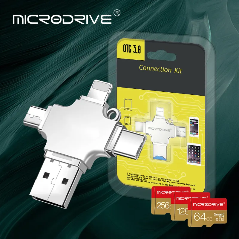 Adattatore per unità flash Usb OTG 4 in 1/lettore di schede di memoria mini SD Lightning per iPhone/tipo C / Micro-USB