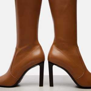 รองเท้าบูทหนัง PU คุณภาพสูง แฟชั่นเซ็กซี่สำหรับผู้หญิง หัวแหลม ส้นหนาสูง สีน้ำตาล รองเท้าบูทสูงถึงเข่าสำหรับผู้หญิง - Product Image 5