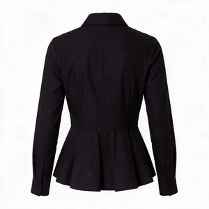 Chemisier noir à volants boutonné pour femme, manches longues, col classique, coupe ajustée, idéal pour le bureau - Product Image 4