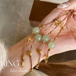 S925 Silver Plated <b>Gold</b> Jade <b>Bracelet</b> With Garnet And Hetian Jade Retro Style For Everyday Wear - Product Image 3