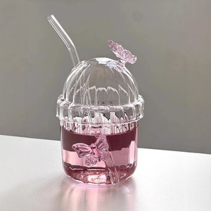 Милая 3D-кружка-бабочка из стекла с соломинкой и крышкой, прозрачная стеклянная чашка для кофе со льдом, молочного чая, креативный подарок для женщин и девушек - Product Image 4