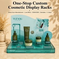 Présentoir de Comptoir Multi-Niveaux en Acrylique Transparent Teal Écologique à Montage Facile pour Soins de la Peau avec Fond Personnalisé Imprimé UV