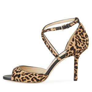 Sandalias de tacón alto con estampado de leopardo, correa cruzada en el tobillo y punta abierta para mujer, ideales para vestidos de noche. - Product Image 2