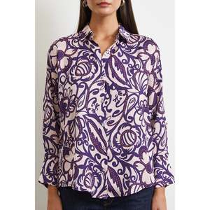 Chemise en satin à fleurs mangue pour femme, violette, boutonnée, décontractée, à porter au quotidien - Product Image 3