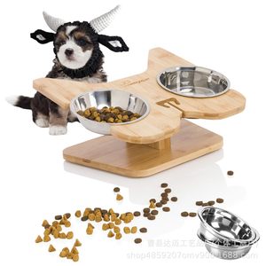 Wooden Elevated Pet <b>Feeder</b> With Stainless Steel Bowls Non Slip Dog <b>Cat</b> Food Bowl Stand For Pets - Product Image 5