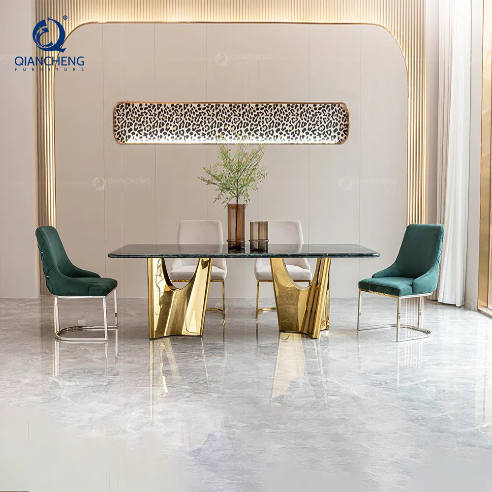 Mesa de jantar luxuosa para casa, suporte de aço inoxidável, mesa de jantar de marmore e concreto de alta qualidade com 12 conjuntos wuxi