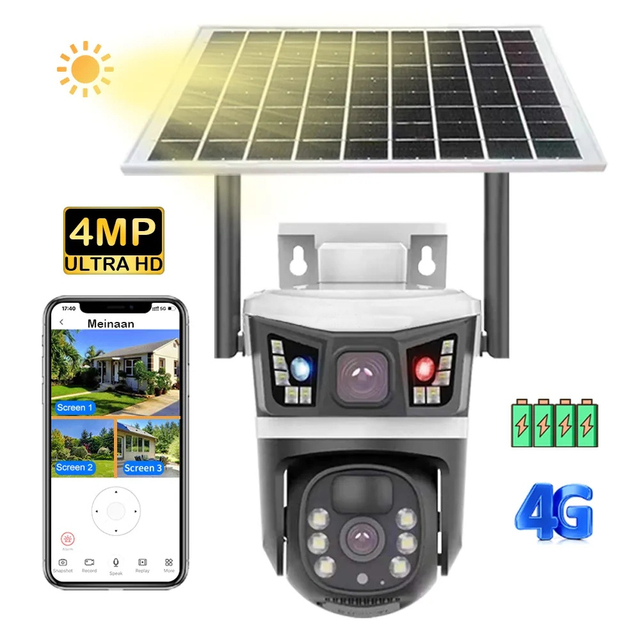 Dual Lens 3K 6MP Solar CCTV Security Camera with 3 Screens Smart Night Vision 4G V380 Pro Wifi Excellent Visibility