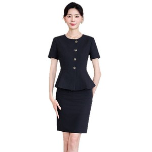 Women's Grey Suit Set Short Sleeve Formal <b>Work</b> Uniform With <b>Belt</b> And Scarf For Office Commuting - Product Image 5