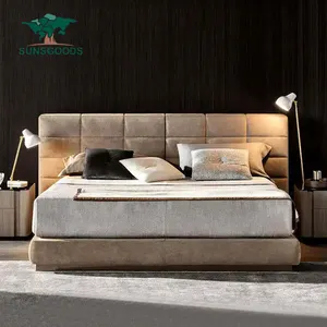Lit moelleux Queen Size de style minimaliste Ensemble de meubles de chambre à coucher pour appartement et hôtel Lit moderne en tissu avec tête de lit large