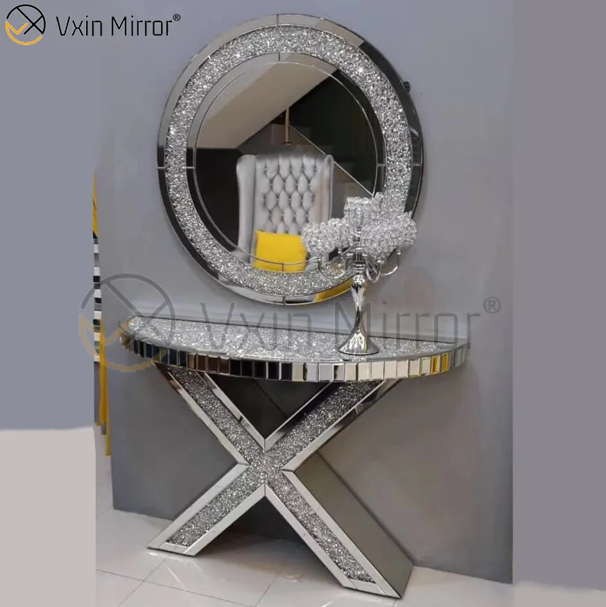 Moderne Ronde Zilveren Verpletterd Diamond Luxe Crystal Gold Console Met Spiegel Hal In Woonkamer Meubels