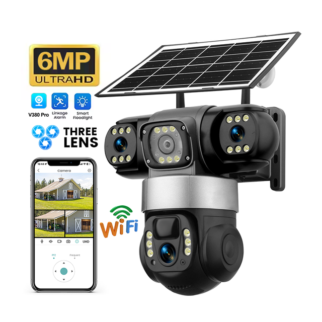 High Quality 6MP 4G Solar CCTV Camera With Three Lens Colorful Night Vision Long 8000mAh Battery Life PTZ Security Camera