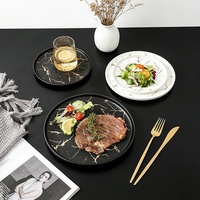 Assiette en céramique ronde à motif marbré, écologique, sans plomb, sûre, avec logo personnalisé, noir et blanc, pour hôtel, restaurant, vaisselle