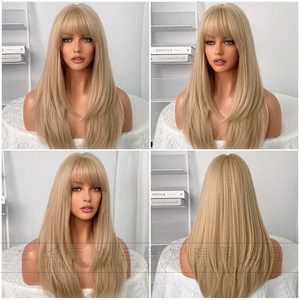 Perruque synthétique blonde dégradée avec <span class=keywords><strong>frange</strong></span> - Perruque longue et droite pour femme, aspect naturel, pour usage quotidien et fêtes, résistante à la chaleur - Product Image 2