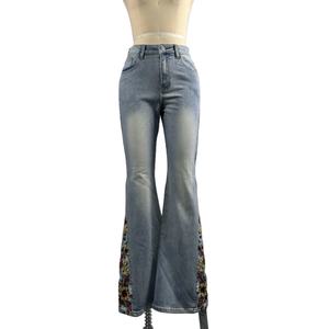 Jeans de Mujer de Alta Costura OEM con Bordado Floral, Pantalones Vaqueros de Cintura Alta, Casuales, Tradicionales, Lavado Azul Claro - Product Image 4