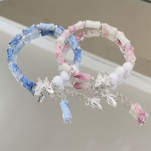 Chinese Style Platinum <b>Beaded</b> Bamboo Joint <b>Bracelet</b> with Butterfly Charm <b>Gold</b>/Silver Plated Sweet Style Jewelry for Women Girls - Product Image 1