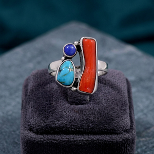 Bague de luxe en argent sterling 925 avec corail de bambou et turquoise bleue Mohave, bijoux faits à la main pour mariage/fête - Product Image 3