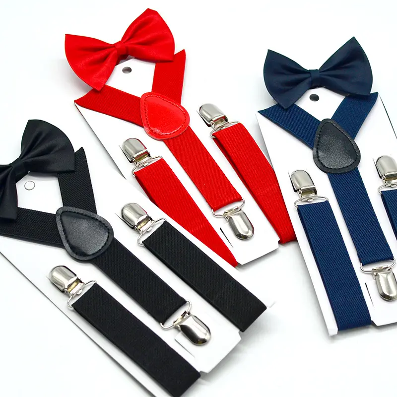 Yesiidor Children Suspender Braces Kids Clip-on Braces Elastic Adjustable Suspender With Bow Tie Combo Sets 