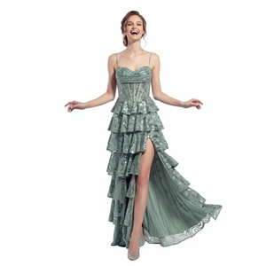 Robe de bal Sharon Said SF257 Rouge Dubaï, élégante, sans bretelles, en dentelle, coupe Empire, avec appliques de sequins, pour mariage et occasions formelles, style vintage, taille haute intégrée - Product Image 4