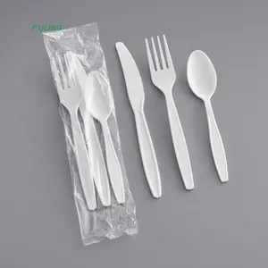 Ensemble de couverts en plastique blanc compostable, emballage de couverts en plastique lourd, couteau jetable, cuillère et fourchette