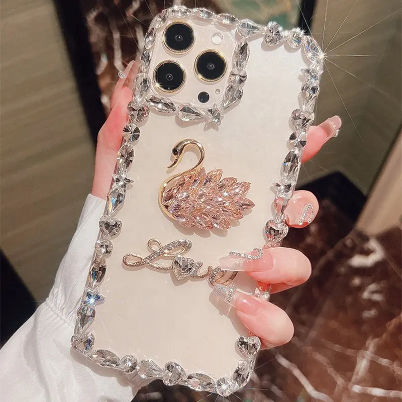 Cute Luxury Swan Diamond Glitter Rhinestone Transparent soft Case Cover for iPhone 14 13 12 11 Pro Max Xr 8 Plus