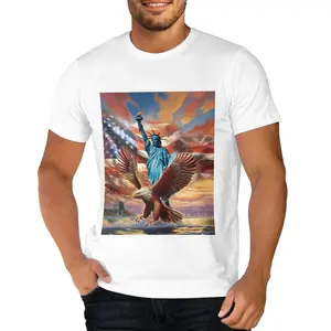 Custom Design Hoge Kwaliteit Gekamd Katoen Hot Geschilderde T-Shirt Amerikaanse Vlag Standbeeld Van Vrijheid Vliegende Adelaar Mannen Custom T-Shirt