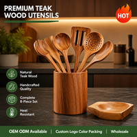 Ensemble d'ustensiles de cuisine en bois de teck de qualité supérieure, 9 pièces, spatules et cuillères en bois artisanales avec support et repose-cuillère