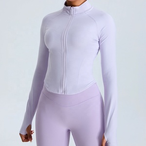 Jaket Yoga wanita, Kustom olahraga lari luar ruangan ritsleting sangat meregang cepat kering atasan latihan kebugaran lengan panjang