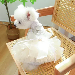 Abito da sposa per cani da principessa bianco per piccoli animali domestici medi traspirante abbigliamento estivo per animali con pulsante di cordino - Product Image 4