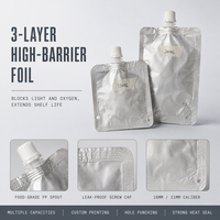 Fabricant de pochettes à bec verseur en aluminium, sachets d'emballage liquide autoportants 50-500ml, impression personnalisée OEM, Doypack de qualité alimentaire avec bouchon à vis
