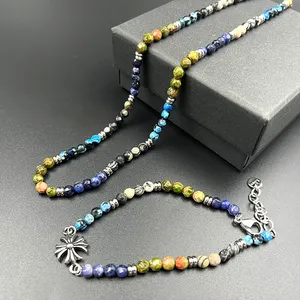 Colorful Hot Selling Stainless Steel Personality Designer Cross Pendant Necklace Jewelry Natural Stone Agate Necklace Set