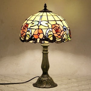 Zinc Alloy Base Tiffany Style 12-Inch Dome Stained Glass Rose Dragonfly E26 AC Desk Lamp for Reading Room - Product Image 1