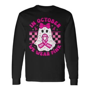 Camiseta de manga larga con diseño de fantasma espeluznante de Halloween, color rosa, para concienciación sobre el cáncer de mama - Product Image 1