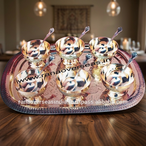 Brass Polished Disposable <b>Small</b> Ice Cream Serving Bowl with Round Tray & Spoon for <b>Table</b> Hotel Home Use and Business Gifts - Product Image 3