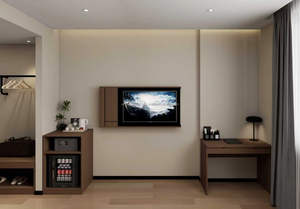 Mobilier commercial pour chambre d'hôtel 3 étoiles, ensemble complet de chambre à coucher avec lits, tables de chevet, meubles TV et armoire pour mini-réfrigérateur - Product Image 5