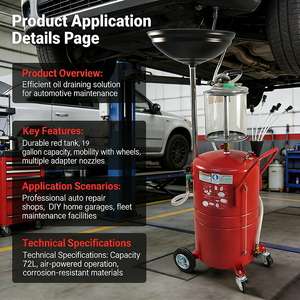 Factory Direct 72L Waste Oil Drain and Collect <b>Tool</b> Air Operated Car Pneumatic Extractor With Wheel-mounted - Product Image 2