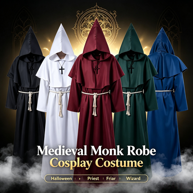 Halloween Medieval Adult Unisex Hooded Monk Robe Cosplay Costume MAH07 Wizard Priest Friar Fancy Dress Cape with Hood