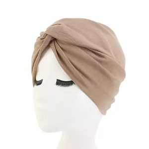 Topi Bonnet Afrika Solid untuk Wanita, Topi Muslim dengan Tudung Kepala, Topi Bonnet Rambut, Topi Simpul Silang Bahan Katun Afrika untuk Wanita